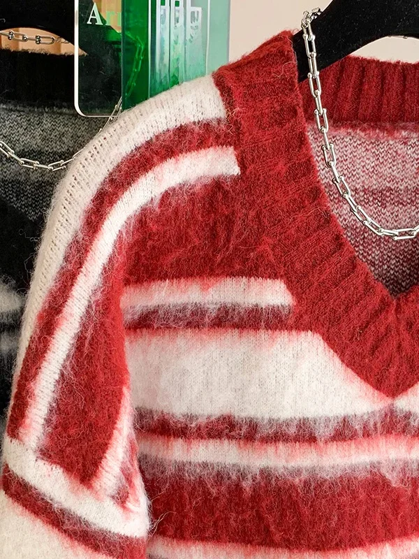 Roter Streifen-V-Ne-Strickpullover für Damen, lockere Farbe, Blo-gestreift, Frühling 2026, lässige Passform, bequeme Passform, langes Sve-Top