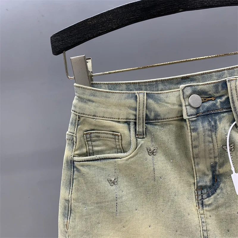 Zifei-Saia curta jeans azul claro, nostálgico, cintura alta, bolsa apertada, nádegas, strass, desgaste do verão, novos estilos