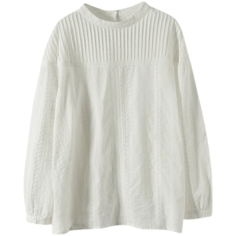 新鮮な甘い綿の長袖シャツ女性のためのアコーディオンプリーツレース中空アウトスプライシングデザインソリッドカラールーズプルオーバートップス