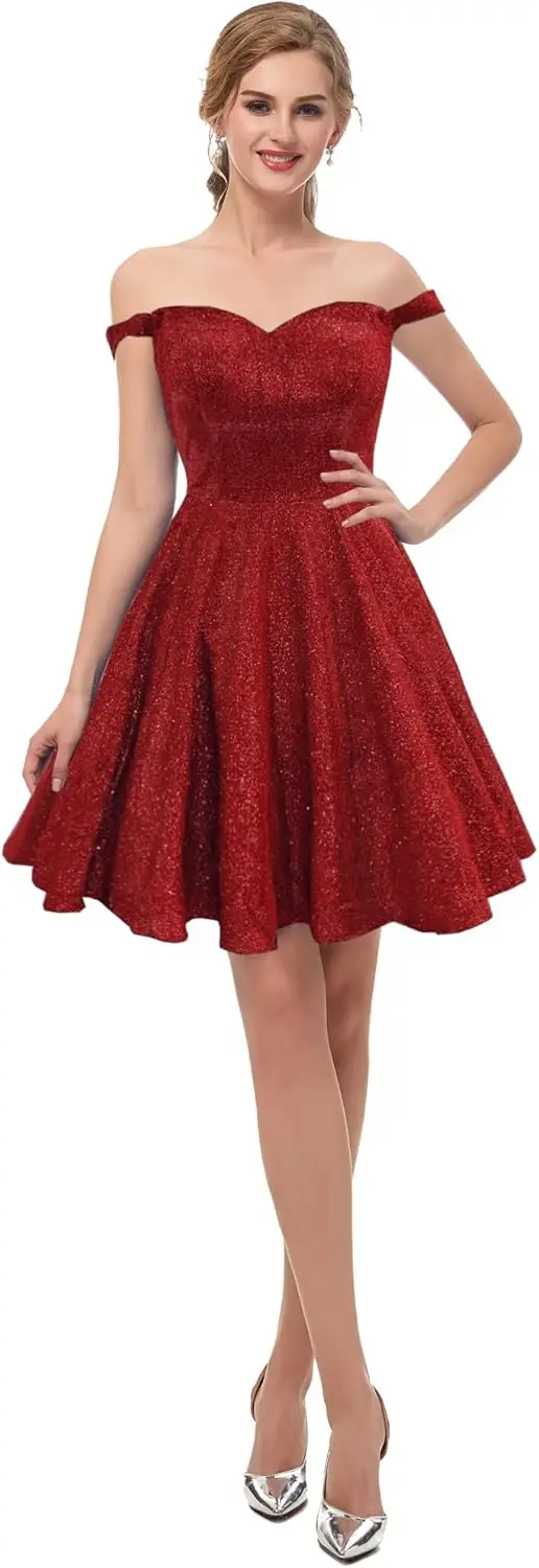 Abiti da ritorno a casa Una linea per ragazzi Abito corto da ballo glitterato con tasche con spalle scoperte Abito da festa di laurea 2026 Rosso intenso