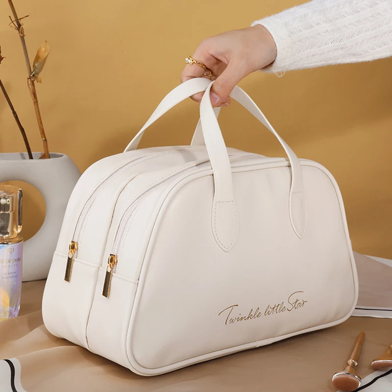 Borsa cosmetica portatile a doppio strato borsa portaoggetti impermeabile borsa da toilette da viaggio di grande capacità in pelle PU