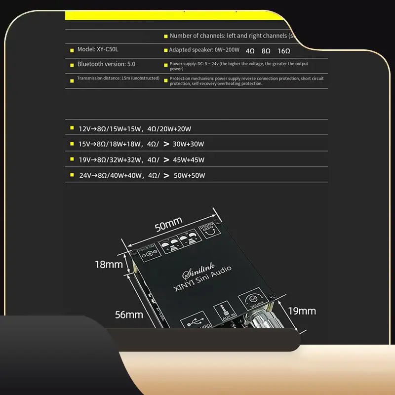 

Плата аудиоусилителя, плата цифрового усилителя мощности, 50 Вт, двухканальная, 360 градусов, бесступенчатая настройка для домашнего кинотеатра-T44C