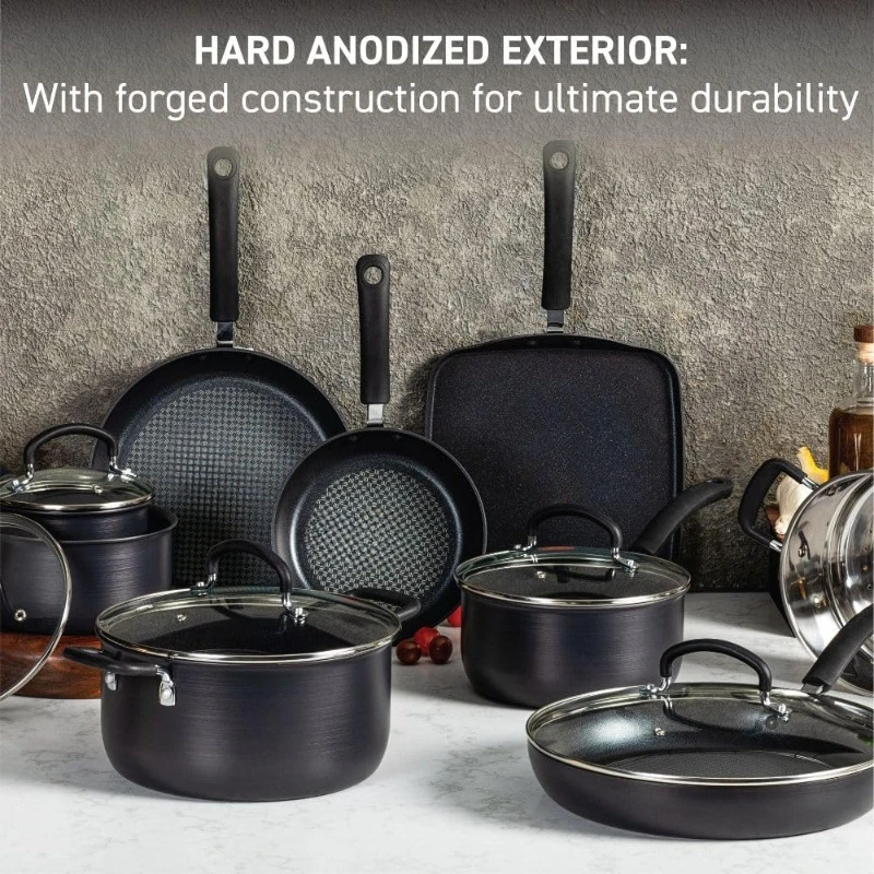 Ultimate Hard Anodized Nonstick Cookware Set 14 Piece, Oven Broiler Safe 400F, Lid Safe 350F, Kitchen Cooking Set w/ Fry Pans