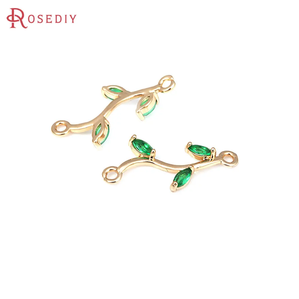 10PCS 18K Gold Color Brass and Zircon 2 Holes Tree Leaf Connect Charms Pendants Jewelry Making Earrings Accessories for Women