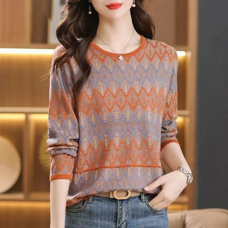 Temperament Fashion Autumn Sweaters New Women\'s O-Neck Contrast Color Striped Korean Long Sleeve Loose Pullovers Knitted Tops