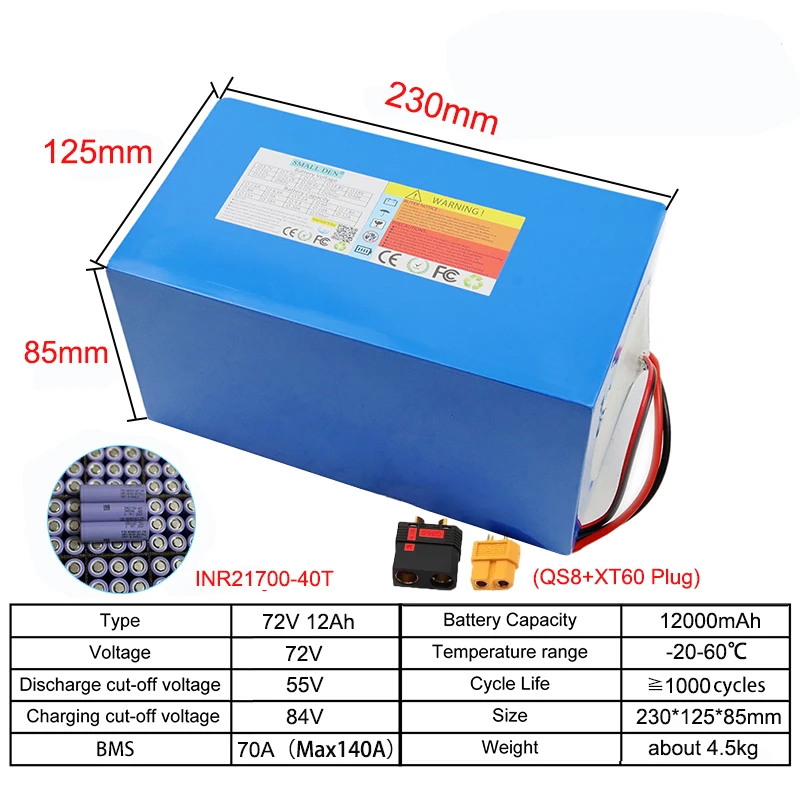 72V 12Ah INR21700-40T 10S3P Lithium Battery Pack 8000W High-power Built-in 120A BMS,various Energy Storage Backup+84V 3A Charger