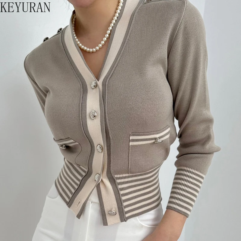 Korean Chic Striped Sweater Women Knitted Cardigan Vintage Knitwear V-neck Single Breasted Long Sleeve Tops Knitwear Jumpers