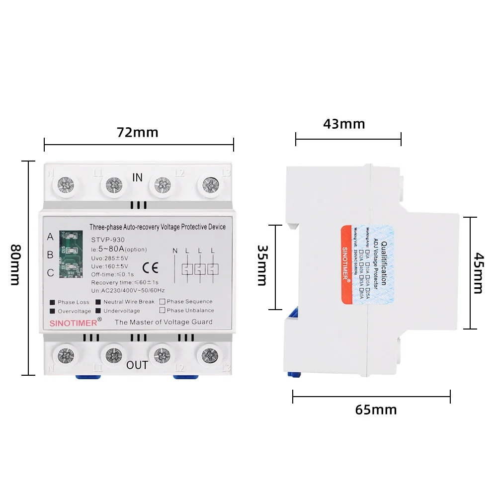 Din Rail Adjustable AC 380V 3 Phase Over and Under Voltage Protector Relays Voltmeter Monitors Phase Sequence Failure Protection