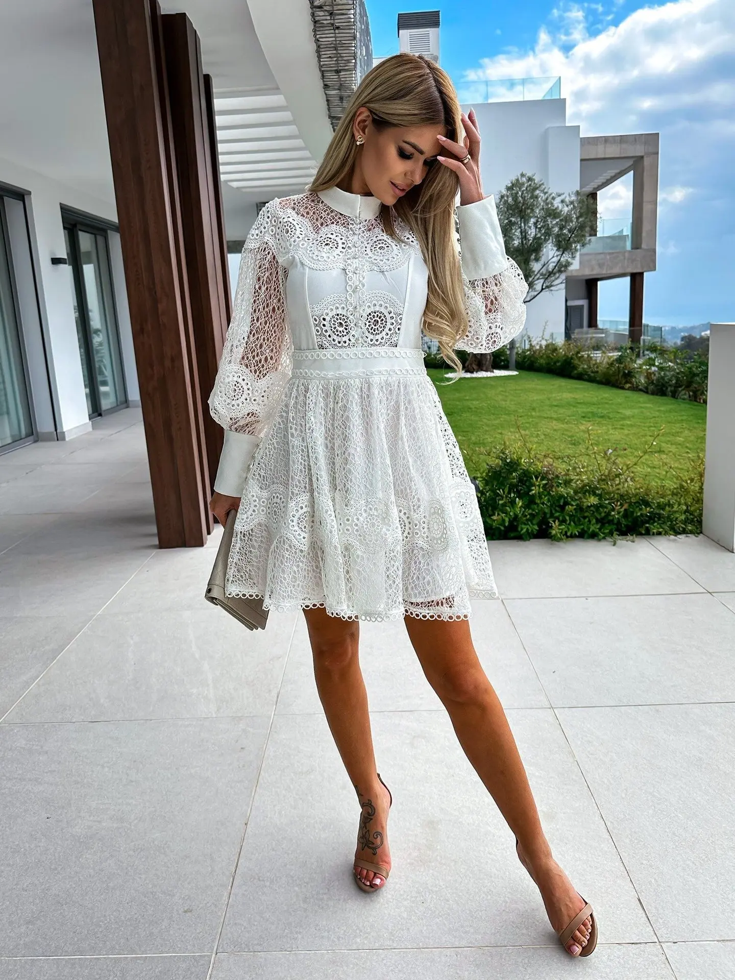 Fashion Women\'s Dress 2023 Spring and Summer New Sexy Half High Neck White Lace Elegant Long Sleeve A-Line Dress