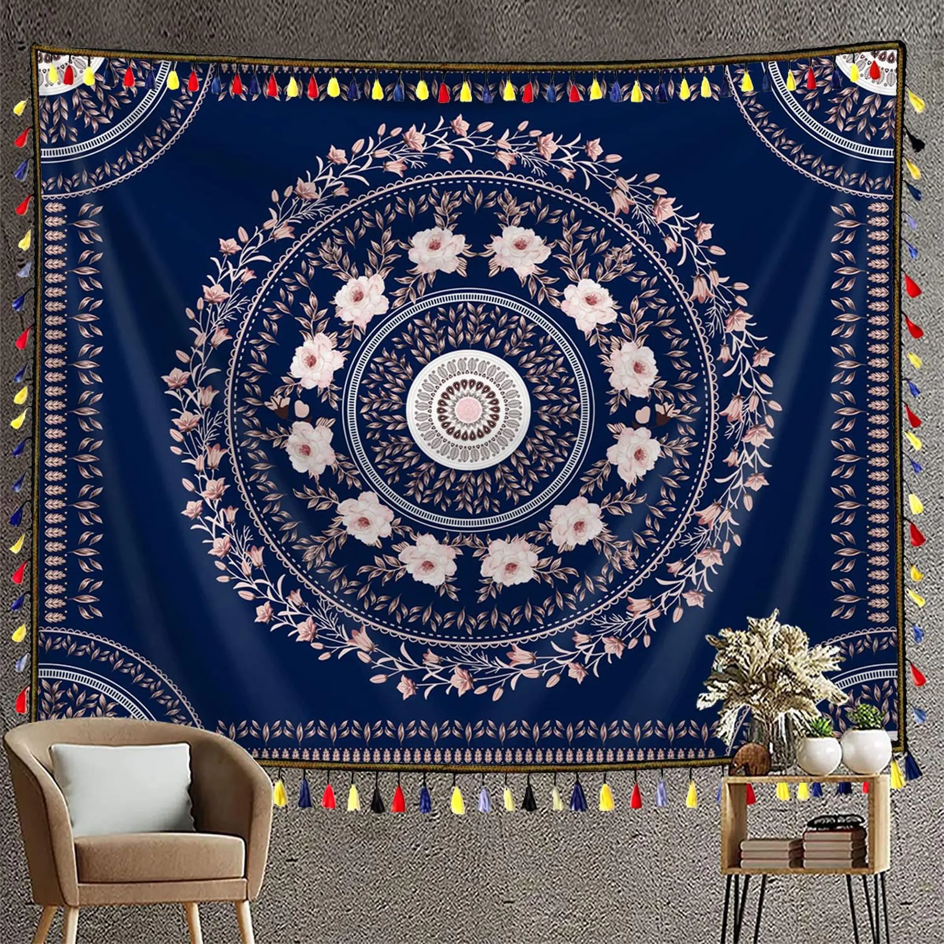 

Гобелен с синими цветами, настенный гобелен с цветной кисточкой, толстый большой тканевый настенный гобелен, рождественское украшение, гобелен для кемпинга