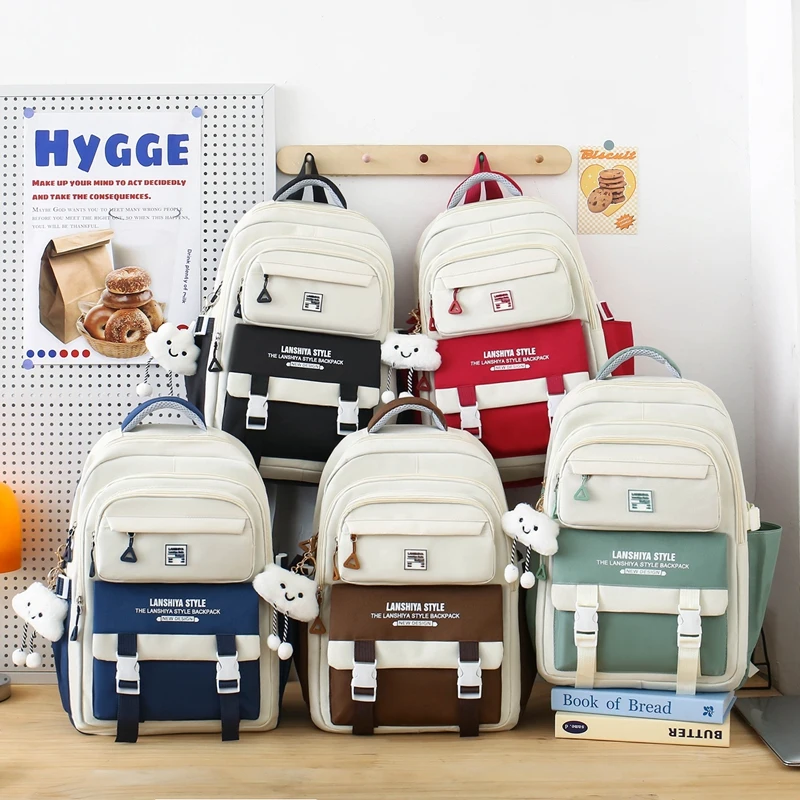 5-piece Set of Free Pendants Forest Style Korean Version Casual Harajuku Student Backpack for High School Girls Large Capacity