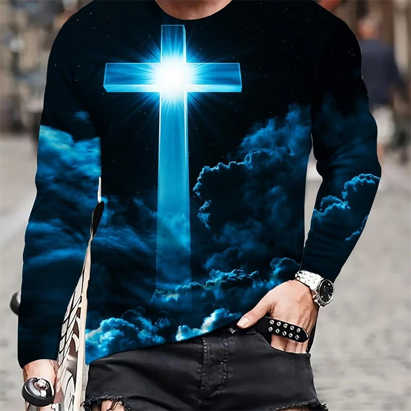 Trend Jesus Cross Pattern T Shirt For Men Fashion Casual Mens 3D Printed Long Sleeve Pullovers Loose Streetwear Cool Tees Tops image 2
