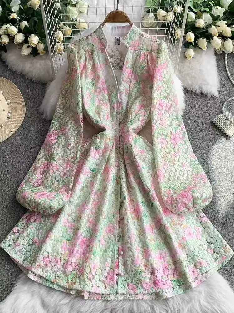 

Light Luxury Retro Elegant Single Breasted V-Neck Mini Dress Women's Summer New Floral Embroidery Sweet Tunic Evening Dress