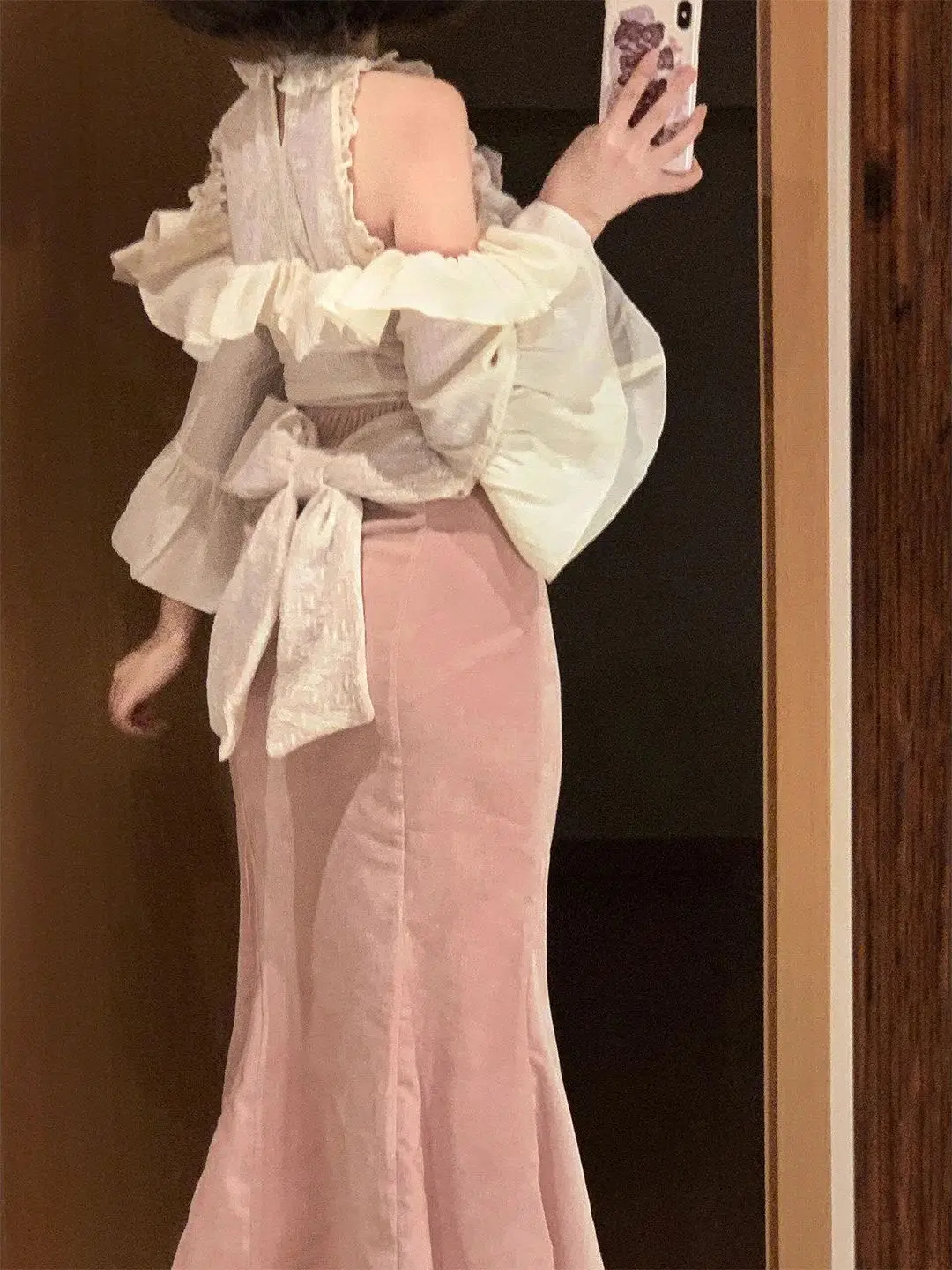 Pink Korean Style Complete Set Autumn Winter High Waist Bubbly Lace up Shoulder Long Skirt And Top Bodycon Dress Outfit