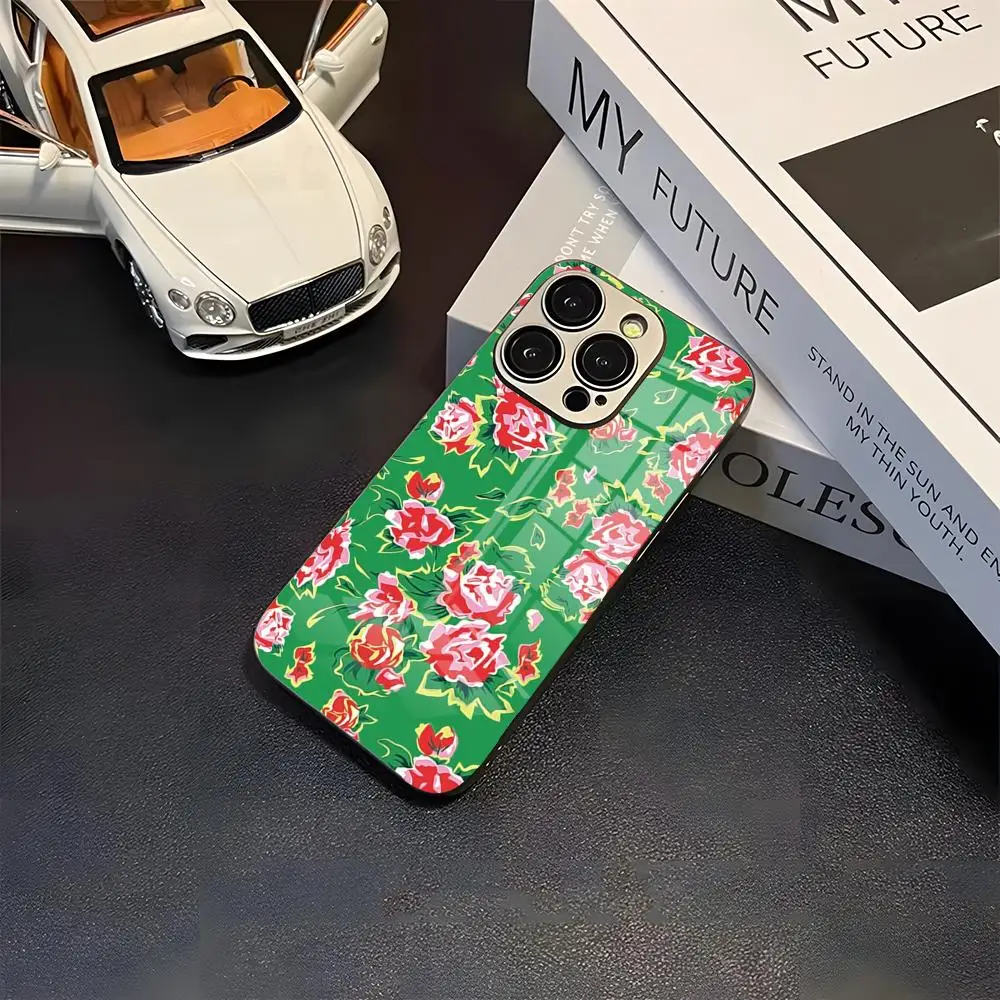 Northeast China K-pop Floral Fabric Phone Case New Cool Electroplated Glass Unique Fashion For IPhone 16 15 14 13 12 11 X Vivo