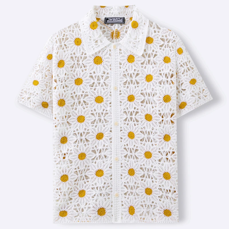 2026 New Summer White Flower Knitted Polo Shirt Men Retro Crochet Short Sleeve Cardigan Hollow Out Mens Tops Clothing SY0223