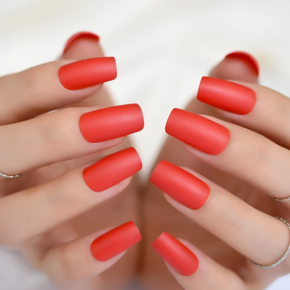 Matte Red False Nails Long Flat Shape Frosted Full Cover False Fake Nails DIY Nail Art Tips Decoration Design Finish Manicure