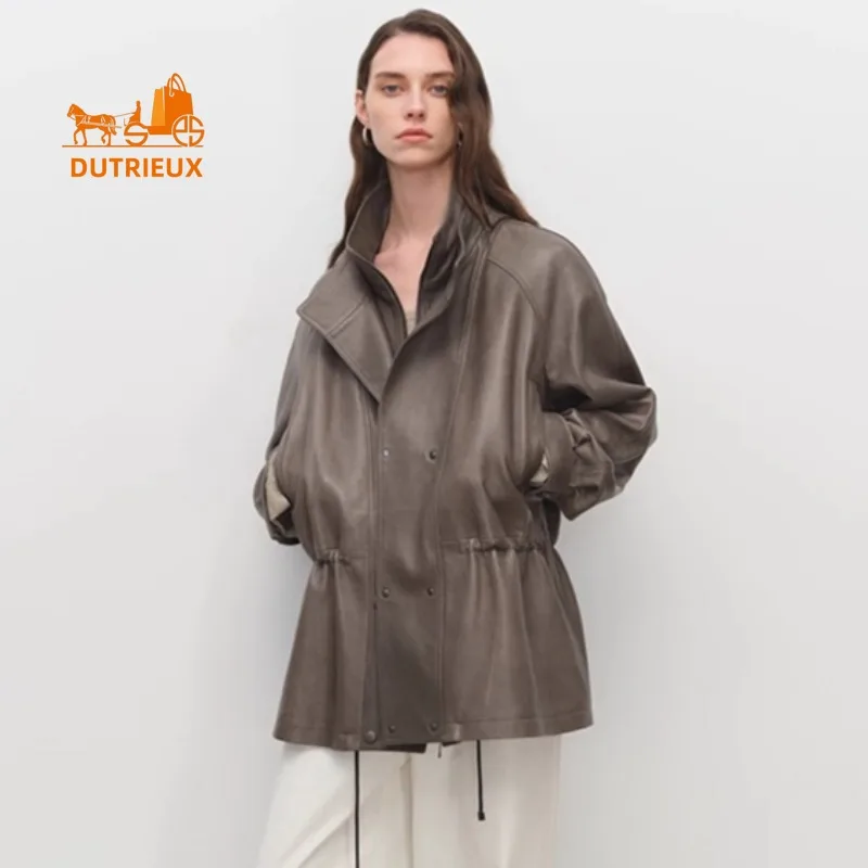 Giacca invernale da donna in pelle di media lunghezza con colletto a doppio strato e vita pieghettata, cappotto squisito elegante dignitoso al 100% in vera pelle di pecora