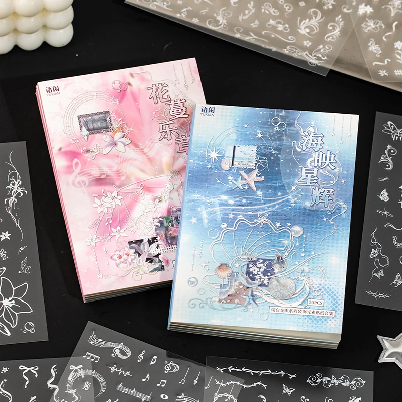 20 Pages PET Decorative Sticker Book Transparent Waterproof Stickers for Journal Diary Scrapbooking Album Collage Craft Supplies