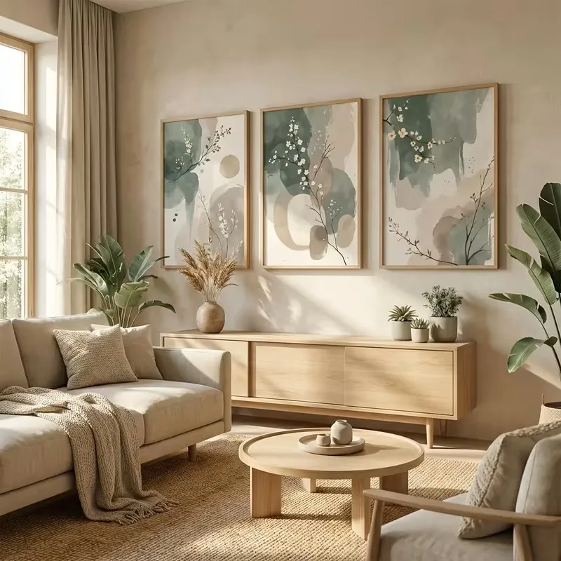 Plant Zen Wall Art Abstract Watercolor Leaves Poster Sage Green Beige Print Minimalist Flower Art