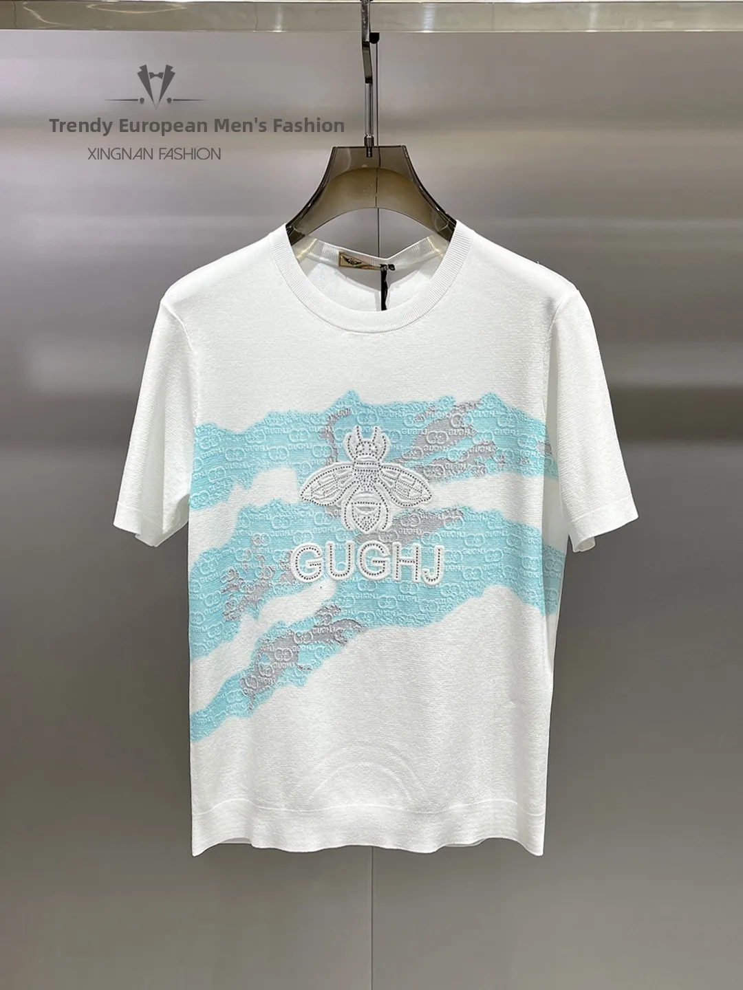 

Spring 2026 Men's Bee Embroidery ort Sve Knitted T-irt Faionable Diamond Heat Transfer Casual Loose Fit Breathable