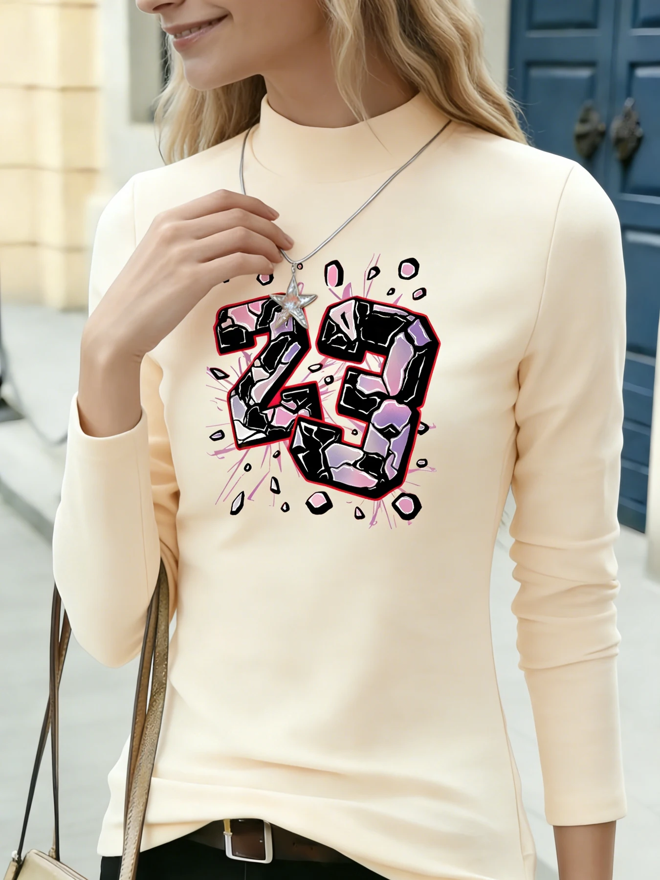 

Women's German Velvet Mock Neck Long Sleeve Shirt Number 23 Graffiti Print Fashion Slim Fit Casual Daily Blouse Base Shirt