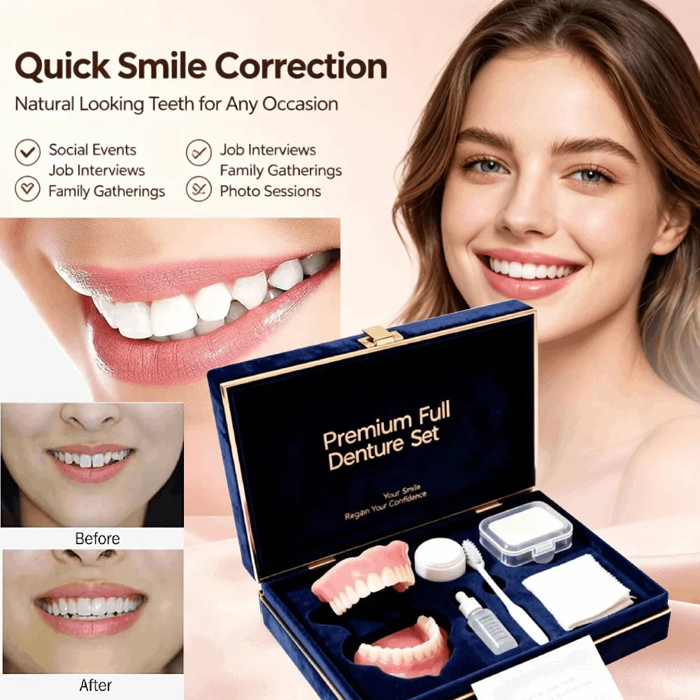 Natural Cosmetic Denture Kit Instant Smile Makeover Realistic Upper Lower Teeth Set Silicone Custom Fit Clean Tools Temporary