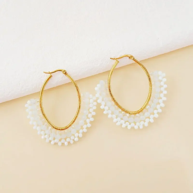 مطرز القطع الناقص كريستال التدرج اللون المد أقراط بسيطة الهندسة اليد محبوك بوهيميا سبيكة الأرز حبة مجوهرات الإكسسوار