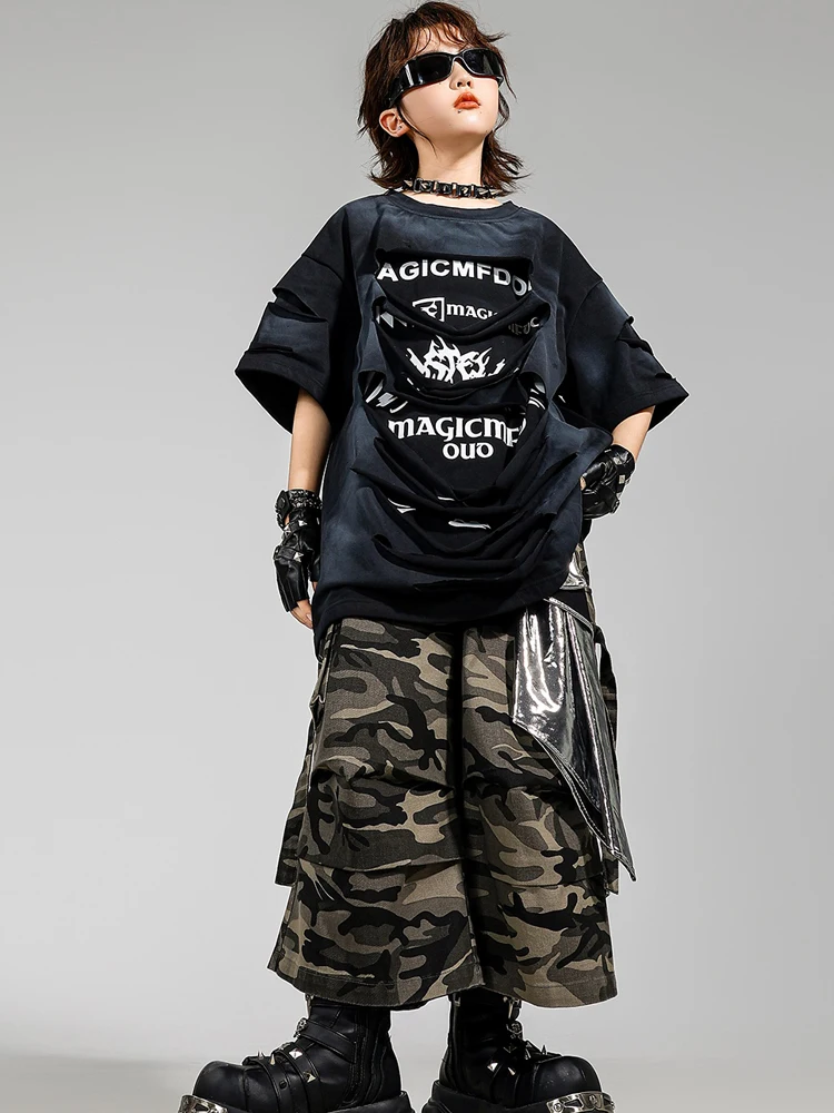 الأطفال ملابس فضفاضة تي شيرت السراويل التمويه Kpop وتتسابق للبنين أزياء رقص الجاز الفتيات الهيب هوب الهذيان الملابس DQS20110