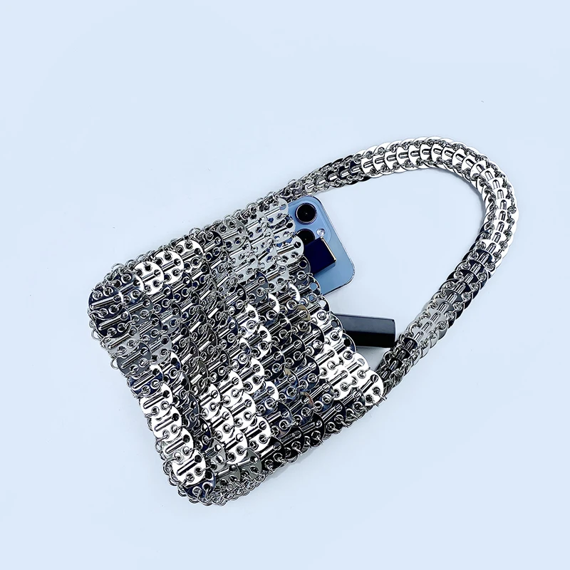 Shiny vintage iron sheet bag, hand-woven silver sequins, metal dumpling bag, mobile phone bag, handbag, shoulder bag