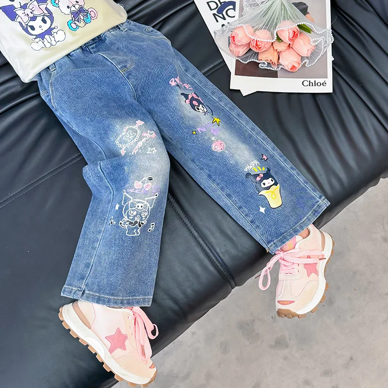 New Girl Kuromi Print Jeans Korean Anime Sanrios Fashion Children's Versatile Elastic Waist Trouser Spring Autumn Casual Pants