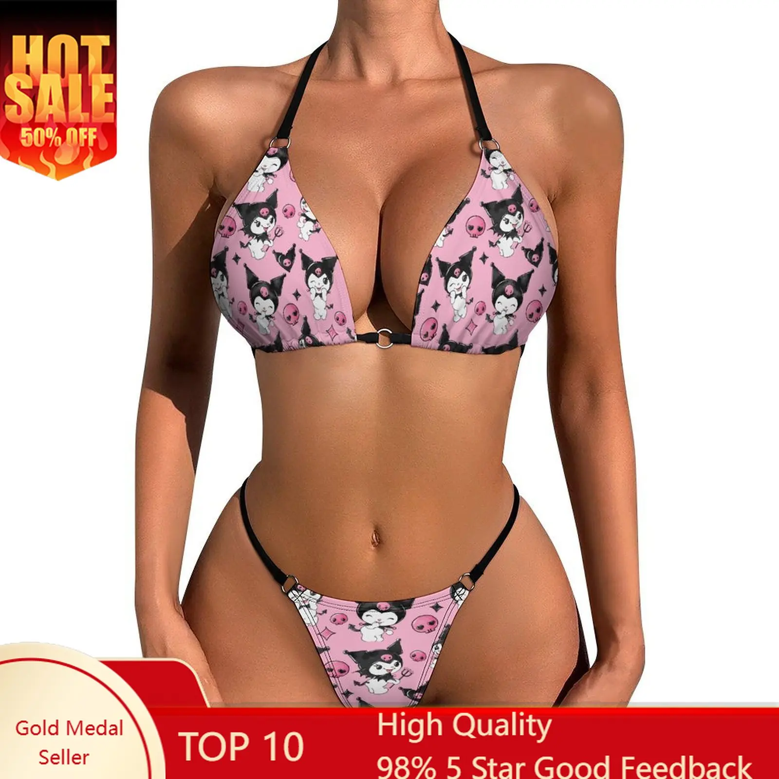 

Kuromi Bikini Swimsuits Womens Two Piece Sexy Bikini Set Sanrio Adjustable Ties Bathing Suit Soft Cartoon Underwear and Panties