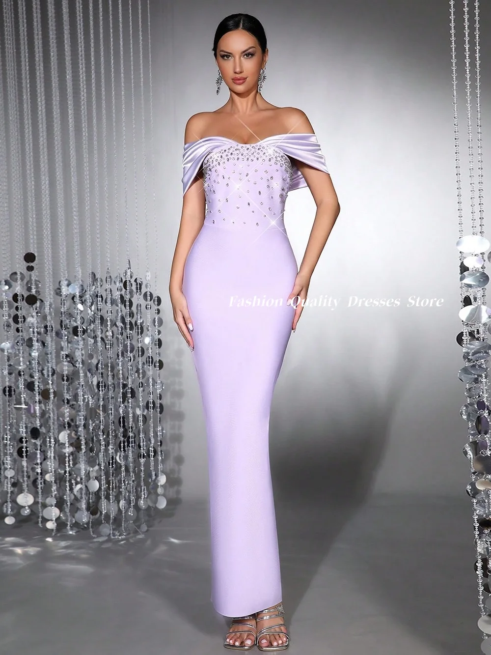 Women‘s Evening Dress 2026 Rhinestone Beaded Off Shoulder Bandage Dress Satin Mermaid Long Cocktail Party Gown Customized