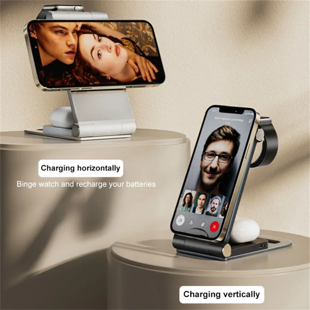 T9 15W 3-in-1 Desktop Foldable Multi-function Cooling Stand For Magsafe Wireless Charger For iPhone 16 15 Pro 14 13 12 Airpods