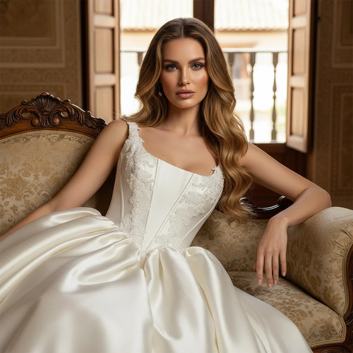 Elegant Appliques Satin Lace Wedding Dress Square Collar Lace Up Puffy Church Bridal Party Gown With Train Long Vestidos