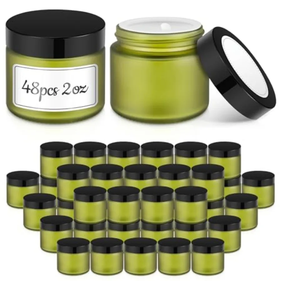 

2 oz Small Glass Jars with Lids, 48 pack Round Glass Candle Jars with Lids, White Labels and Inner Liners, Empty Cosmetic Conta
