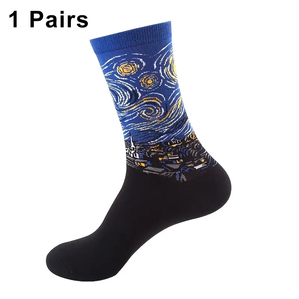 1 Pair Women Retro Abstract Oil Painting Art Sock Shout Modern Van Gogh Starry Night Happy Oil Painting Comfort Skateboard Socks