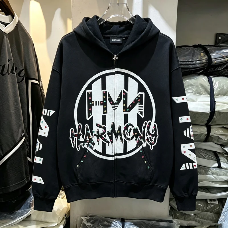Colorful Embroidery Rhinestone Label Zipper HARMONY Hoodie Winter Men Women American Streetwear Loose Washed Do Old Pullovers