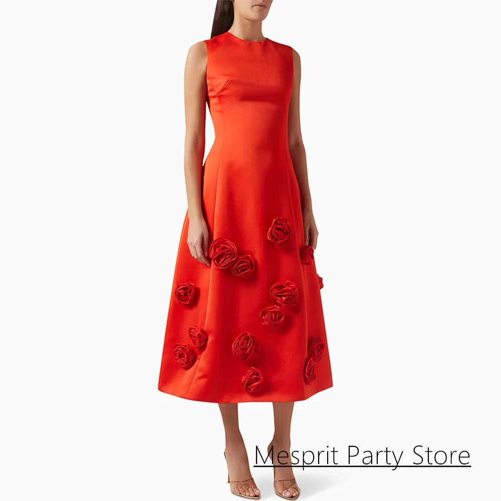 

Short Evening Dress Customized Sexy Round Neck Sleeveless Handmade Flowers A Line Prom Gown Tea Length Cocktail Party Dresses