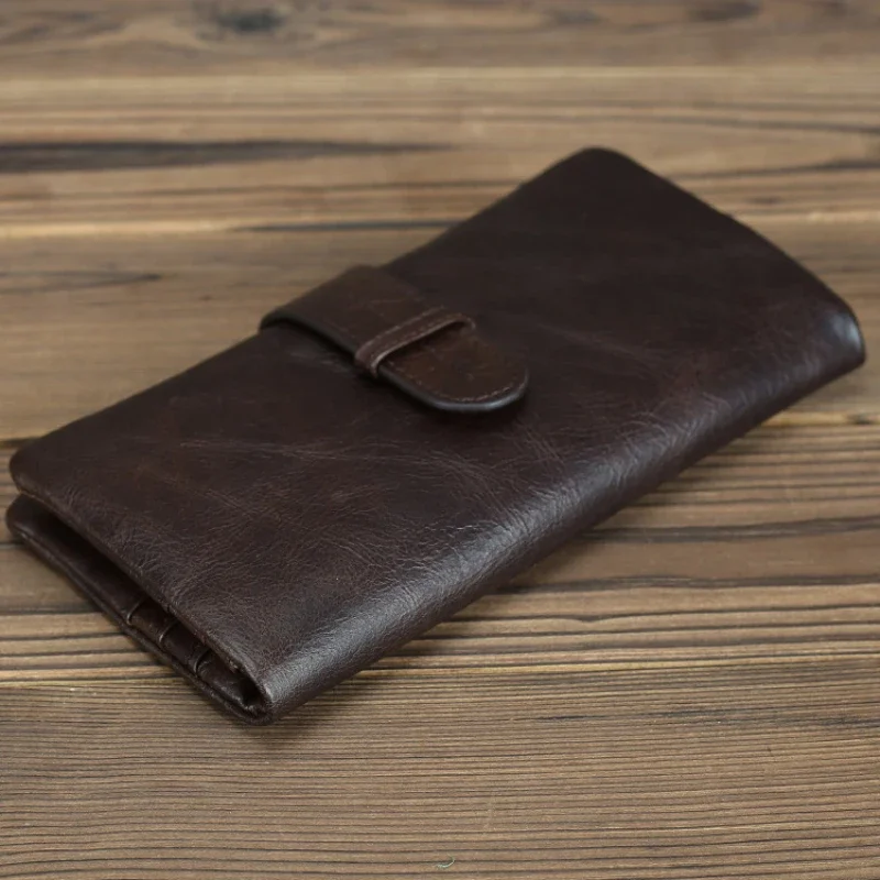 Genuine Leather Men\'s Long Wallet Real Cowhide Leather Long Purse Men Women Smooth Skin Leather Card Purse Anti Theft