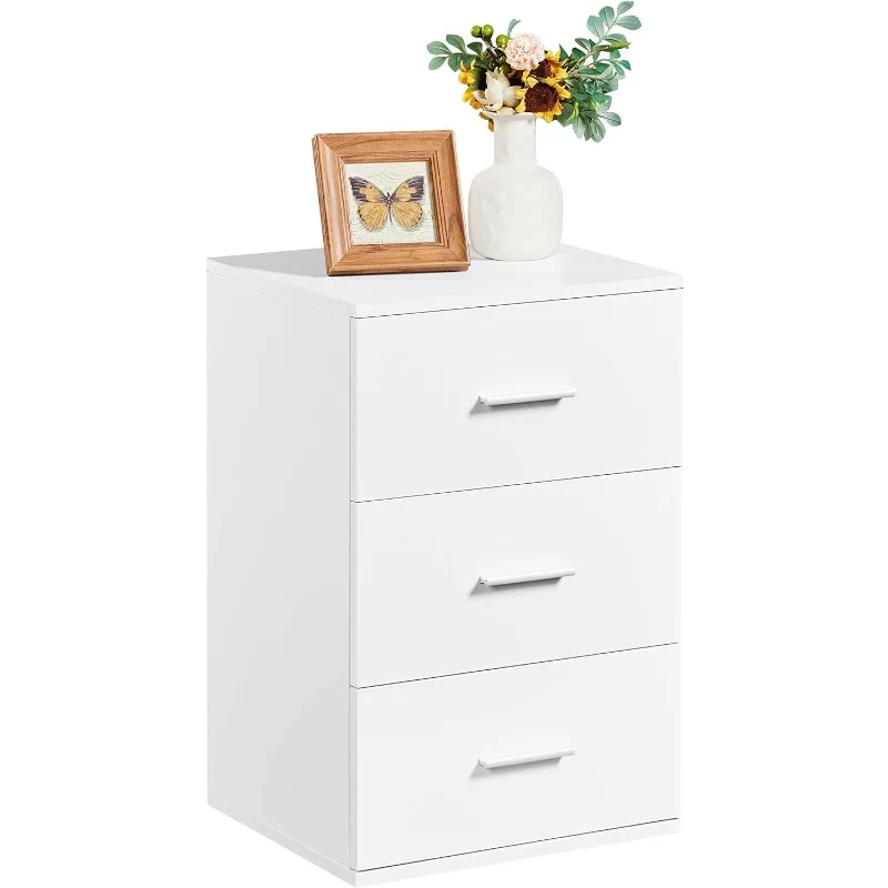 

Nightstand with 3 Drawers, Wood Bedside Cupboard with Metal Handles, Bedside Table Chest of Drawer Telephone Table