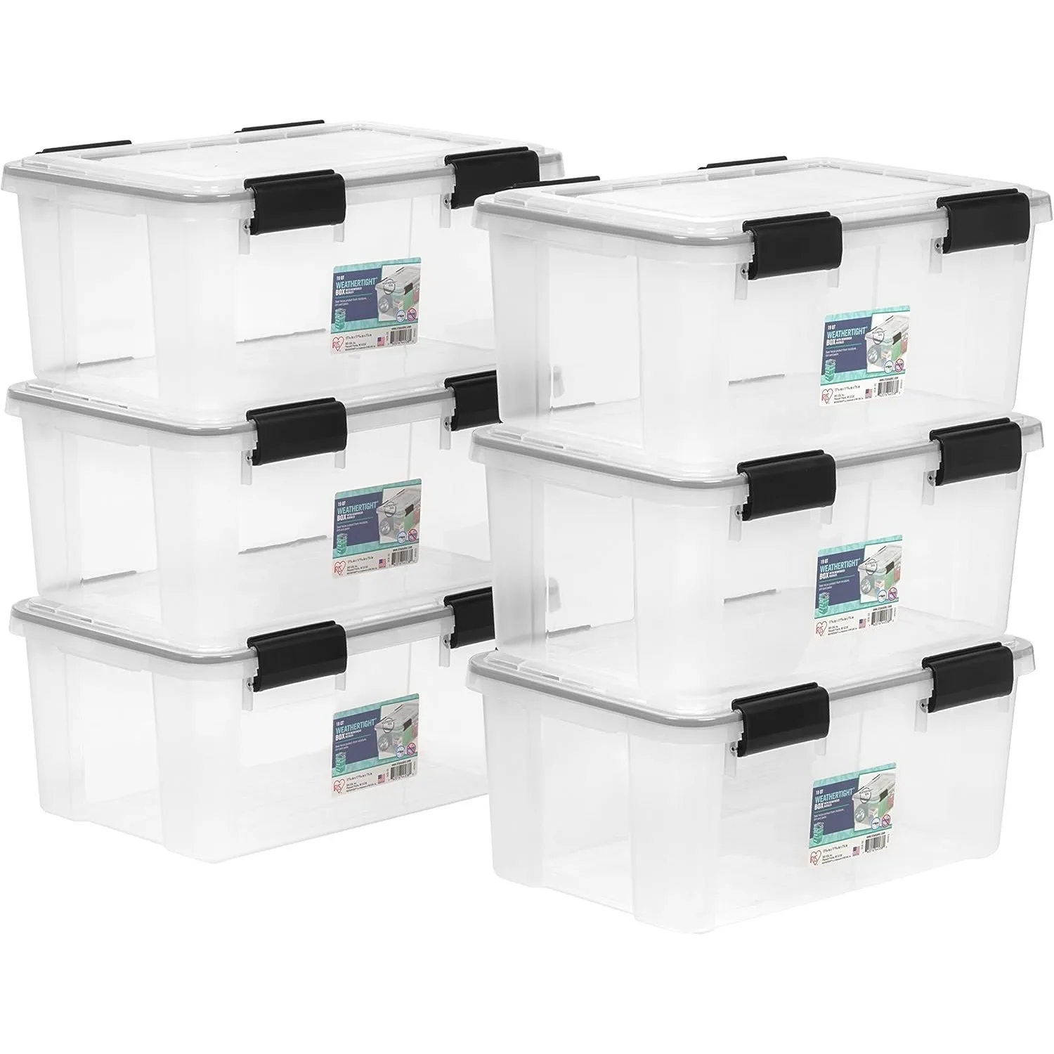 6 Pack, BPA-Free Plastic Gasket Box with Tight Latch and Seal, Stackable Nestable Tote Tub - Clear/Black