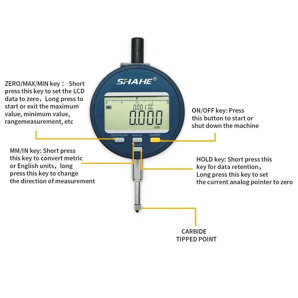 SHAHE IP54 Digital Indicator 0-12.7/25.4/50.8mm 1μm Electronic Indicator Gauge Rechargeable Battery