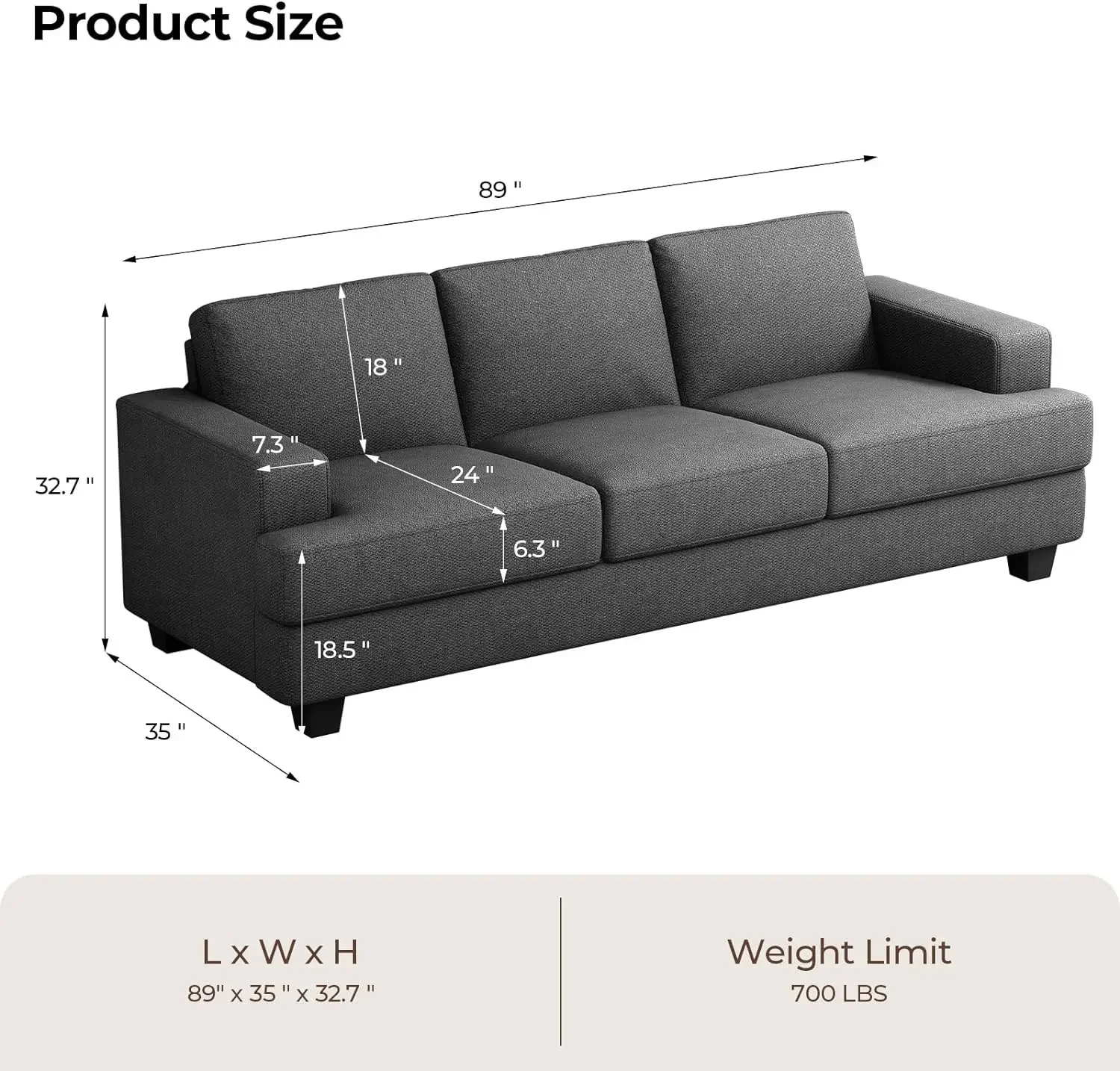 3-zitsbank Oversized, 89 "Extra Grote Bankbank Met Extra Diepe Zitbanken, Grijs