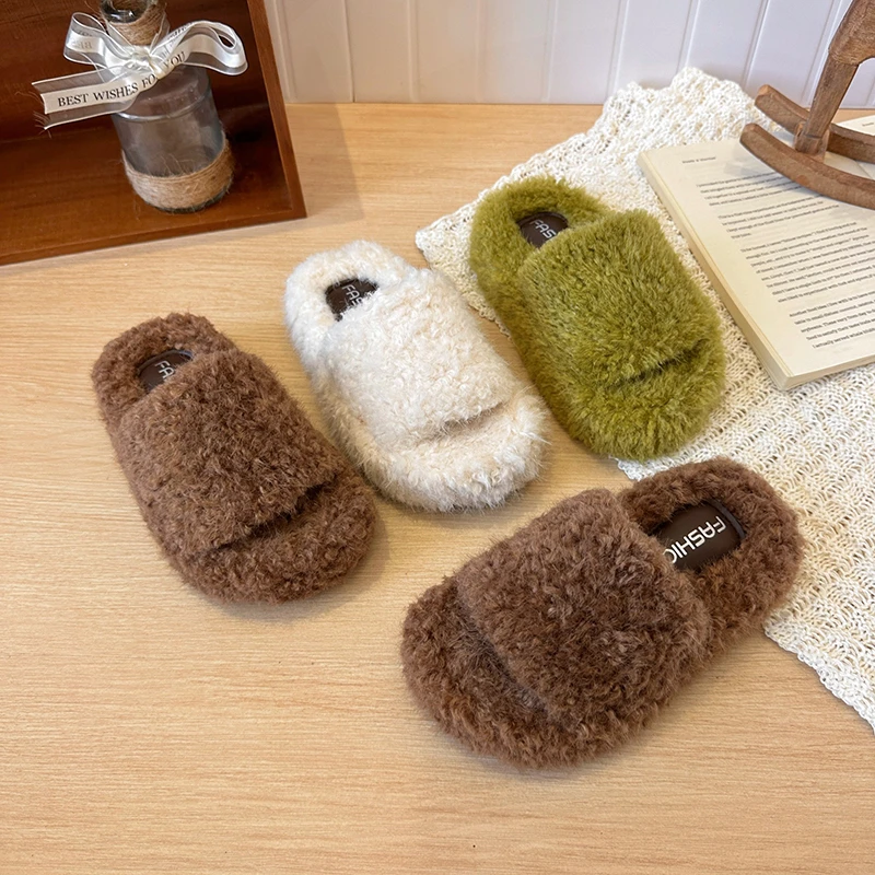 Solid Color Curly Fuzzy Slippers Girls, Minimalist Wide Strap Open Toe Plush House Slides, Warm Soft Non Slip Indoor Gift