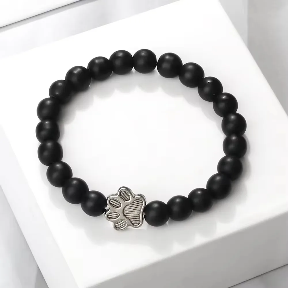 Natural Matte Black Lava Volcanic Stone Paw Print Charm Bracelet Homme Femme Pet Memorial Cat Dog Lovers Jewelry Bracelets Gifts