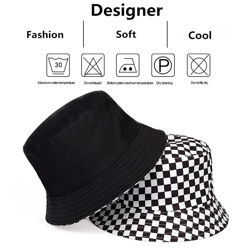 Unisex Black White Checkered Printing Personality Bucket Hats Fishermen Caps Outdoor Casual Cap Sunscreen Hat