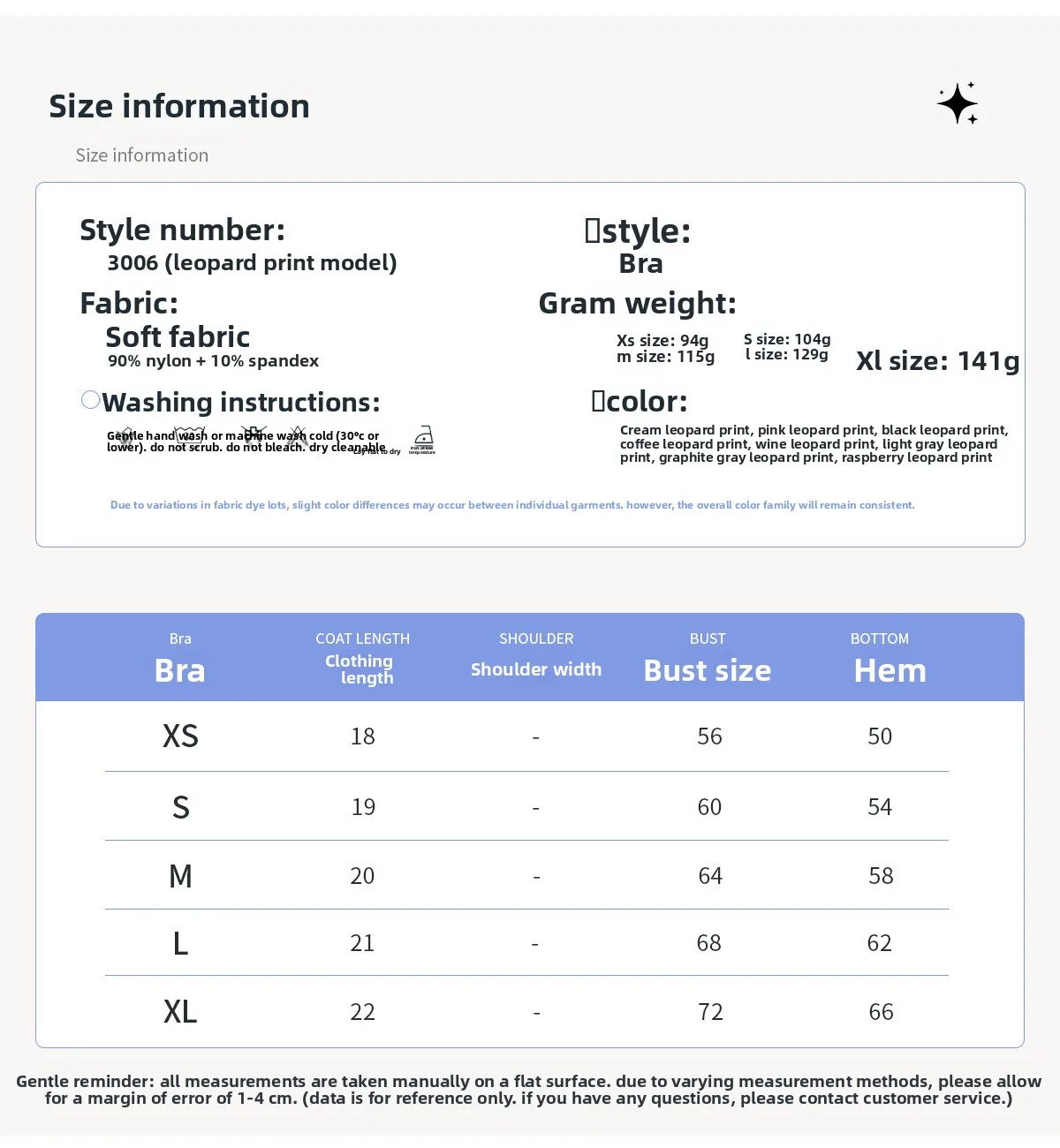 Size chart and fit details
