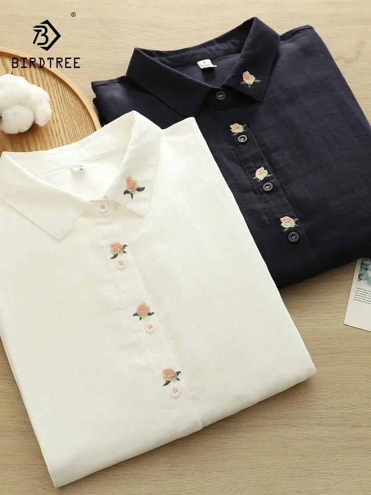 

New 2025 Autumn Cotton Yarn Long Sleeve Shirt, Women Turn-down Collar Embroidery, Mori Girl Soft Casual Loose Blouse T5N323CC
