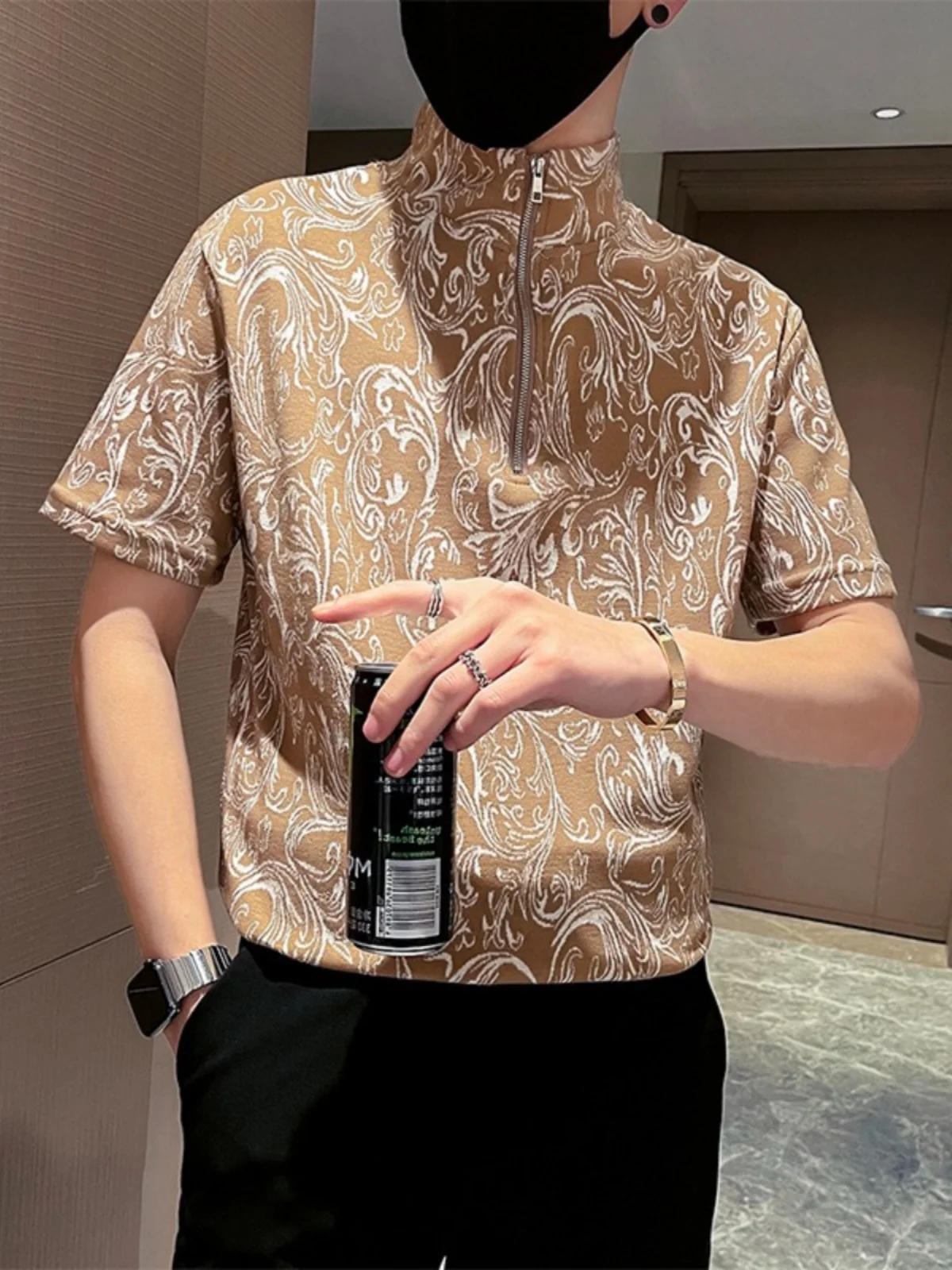 

Мужская футболка из тонкого ледяного шелка с воротником-стойкой на молнии, летняя, модная, брендовая, молодежная, приталенная